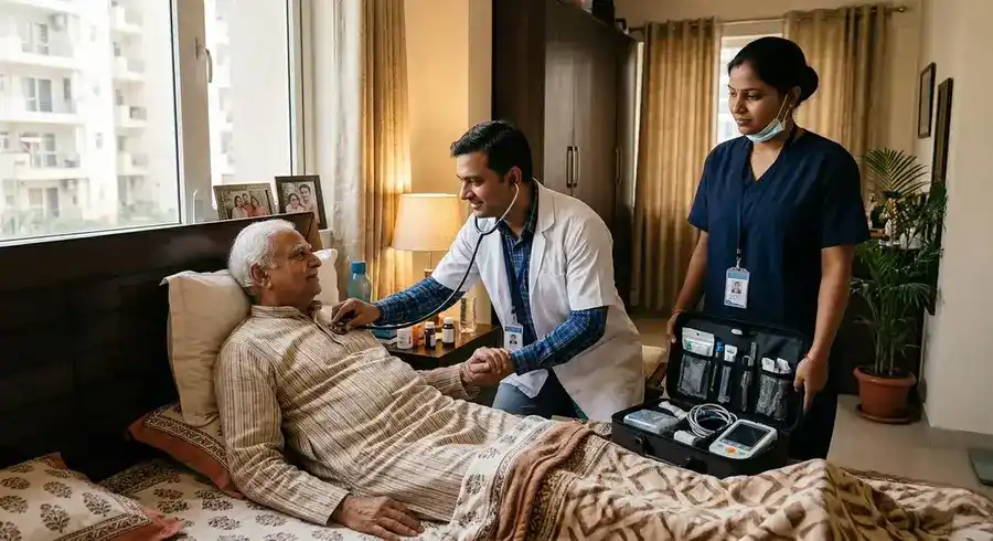 DocNCR MBBS doctor examining elderly patient at home while assistant holds equipment — home visit Delhi NCR