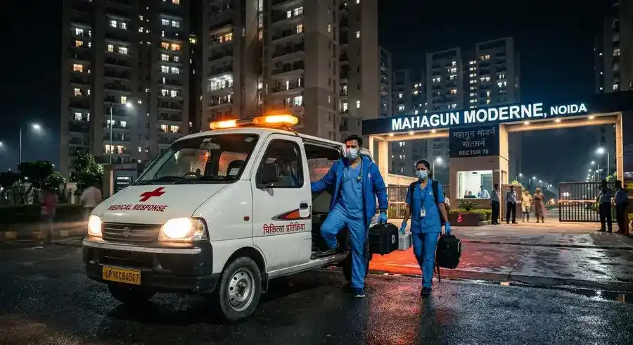 DocNCR doctor and assistant arriving at Mahagun Moderne Noida at 3am — genuine 24/7 night home doctor service
