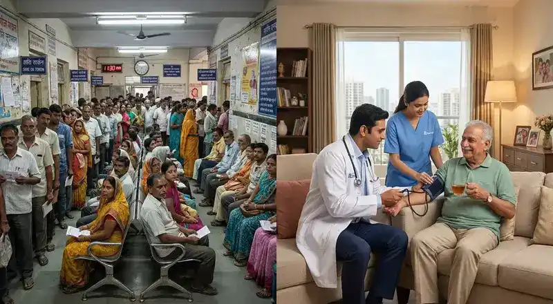 Crowded hospital vs comfortable home care by DocNCR — skip the hospital, get doctor at home in Delhi NCR