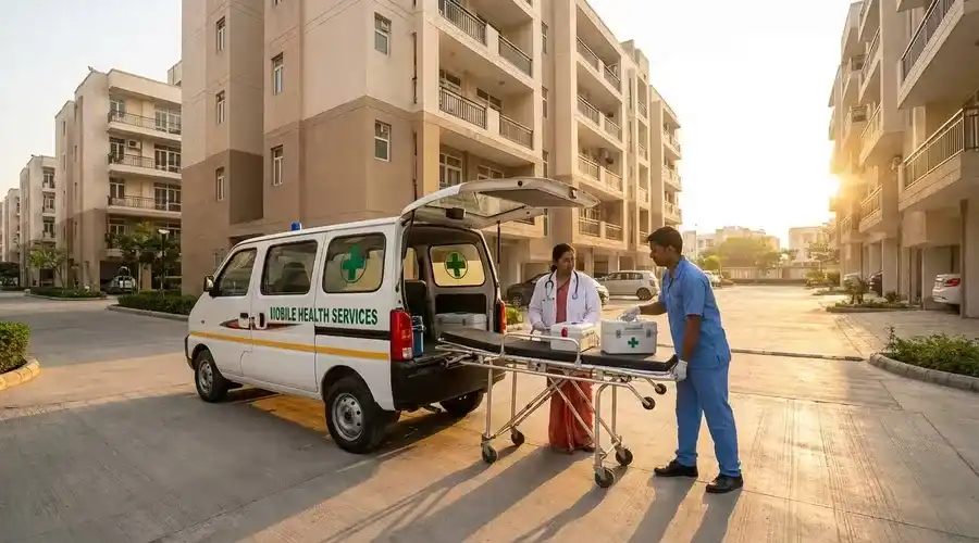 DocNCR mobile health services van with doctor and assistant arriving at residential society in Gurgaon